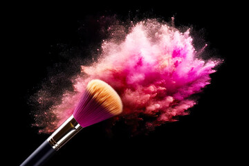 Cosmetic brush with pink and red powder splashes on a black background. Creative concept of make-up, decorative cosmetics.