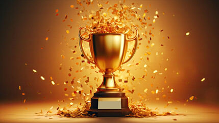 Gold first place winners trophy with confetti - obrazy, fototapety, plakaty