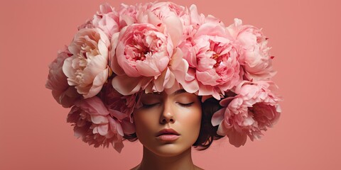Woman on a pink background, with peonies on her head, psychology theme. Generative AI