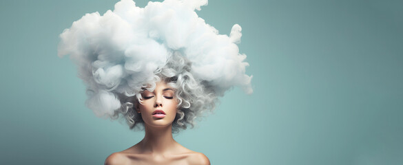 Young woman with a cloud of smoke in her head. Theme of depression and mental health. Generative AI