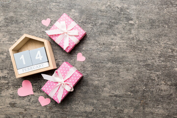 Valentine Day theme with wooden block calendar. Greeting card template for Valentines Day copy space for text