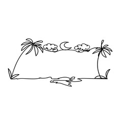 Fototapeta na wymiar Continuous Line Drawing Beach View with Coconut trees. Summer Holiday. Illustration Icon Vector