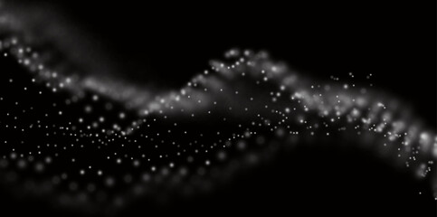 Dynamic white particle wave. Abstract sound visualization. Flow digital structure. Mesh landscape or grid data technology.