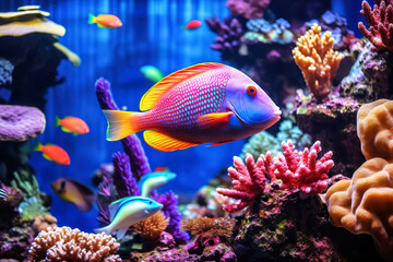 Naklejka na ściany i meble Tropical sea underwater fishes on coral reef, Aquarium wildlife colorful marine panorama landscape nature snorkel diving