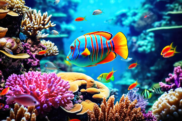 Naklejka na ściany i meble Tropical sea underwater fishes on coral reef, Aquarium wildlife colorful marine panorama landscape nature snorkel diving