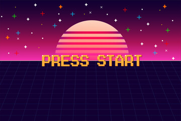 PRESS START.pixel art .8 bit game. retro game. for game assets in vector illustrations. Retro Futurism Sci-Fi Background. glowing neon grid and star from vintage arcade computer games