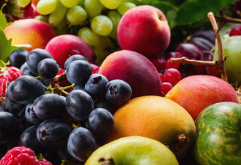 Naklejka na ściany i meble Orchard Bliss Close Up on Fresh, Juicy, and Vibrant Fruits in Nature's Harvest