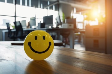 A Yellow Smiling Ball Can Promote a Positive Work Environment. - obrazy, fototapety, plakaty