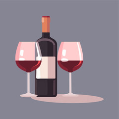 red wine bottle and glasses vector flat illustration