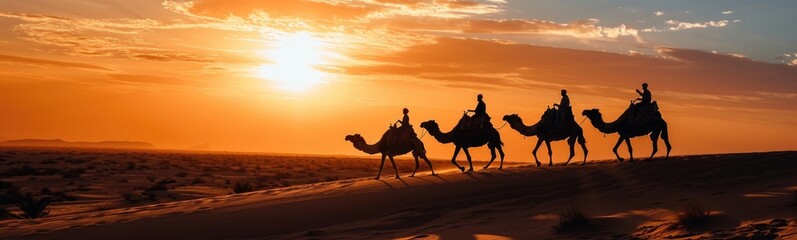 Camels in desert. Banner