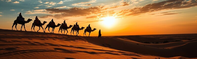 Fototapeta na wymiar Camels in desert. Banner
