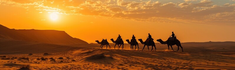 Fototapeta na wymiar Camels in desert. Banner