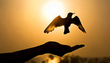 hand free bird fly on hand at nature on sunset background