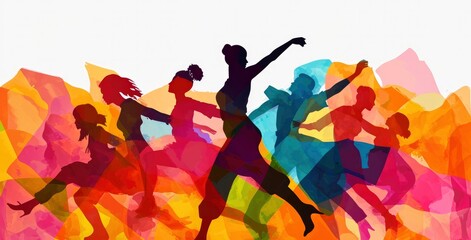 Brightly coloured painted silhouettes of people dancing - obrazy, fototapety, plakaty