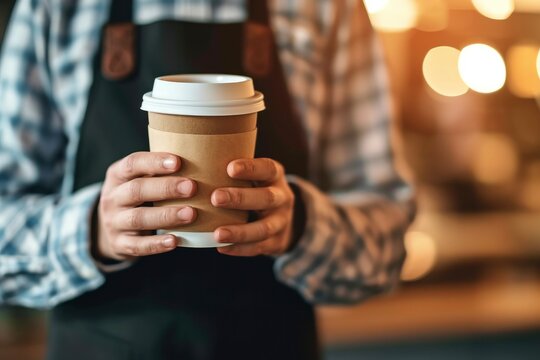 Barista serving coffee in takeaway paper disposable cups to client in coffee shop