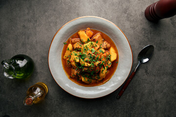 Portion of oriental stewed meat dish with potatoes
