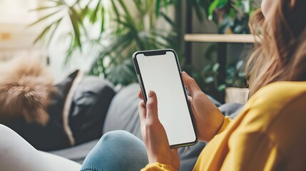 Happy young woman holding mobile smartphone with blank white screen background while resting on the sofa in living room at home. Watching movies on the phone