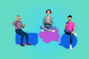 Fototapeta premium Creative collage picture illustration three human young old men woman chat communication sit contact friends turquoise background