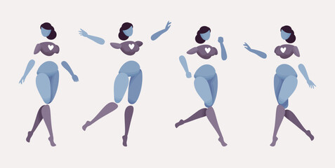 Embodied AI moving, abstract female figure representing smart speaker chatbot, artificial intelligence visible form, virtual assistant human body digital appearance, minimalistic vector illustration