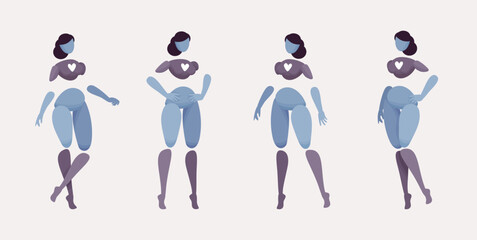 Embodied AI standing, abstract female figure representing smart speaker chatbot, artificial intelligence visible form, virtual assistant human body digital appearance, minimalistic vector illustration