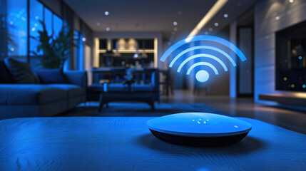 A home router with a wifi icon above it in the background of the room