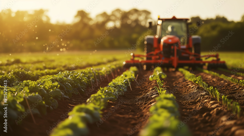Poster advanced tractor in action, fertilizing large agricultural fields