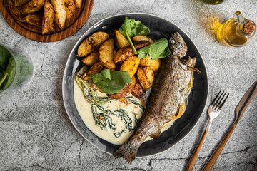 Portion of cooked grilled fish with potato and sauce