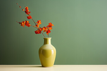 Pistachio coloured vase with red flowers on a green background