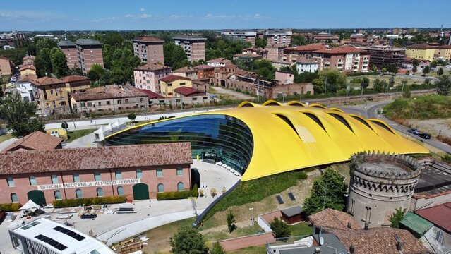 Aerial view of the Enzo Ferrari House Museum in Modena city. Modena, Italy