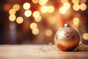 Seasonal new year and christmas greeting card composition with toys and decorations on it. Bokeh background
