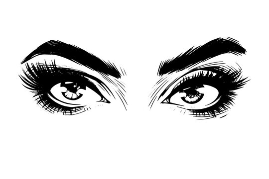Woman cute eyes hand drawn ink sketch. Engraved style vector illustration.