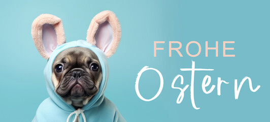 Frohe Ostern Konzept Feiertag Grußkarte - Cooles süße französische Bulldogge, trägt einen Jogginganzug mit Hasenhasenohren, isoliert auf blauem Hintergrund - obrazy, fototapety, plakaty