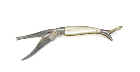 Old fishing knife with two blades on white background