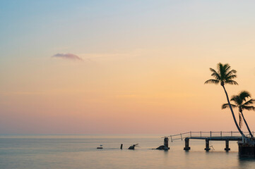 Key West sunset long exposure. The sky is pink and the sea is calm.  A single Heron waits for fish on a wooden post