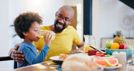 Black family, juice and father with child for breakfast, lunch and eating together in home. Happy, parents and dad and boy at table for bonding with meal for health, nutrition and hunger in house - obrazy, fototapety, plakaty