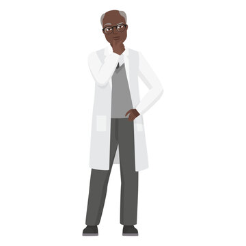 Doctor man in thinking position. Confused medical hospital worker cartoon vector illustration