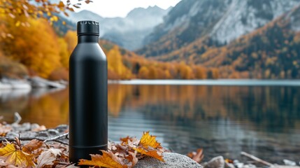 Insulated Bottle by Autumn Lake with Falling Leaves - obrazy, fototapety, plakaty