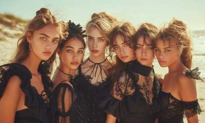 seven young women in black standing on the beach Diversity and positive life generative ai