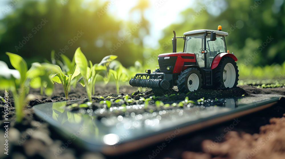 Poster smartphone displaying tractor for remote farming operations control