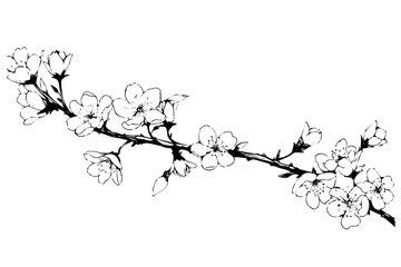 Sakura flower branch border  hand drawn ink sketch. Engraved style vector illustration. - obrazy, fototapety, plakaty