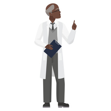 Doctor man with pointing finger. Hospital clinical worker in white coat cartoon vector illustration