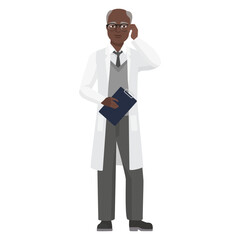 Serious doctor man with analysis clipboard. Hospital clinical worker in white coat cartoon vector illustration