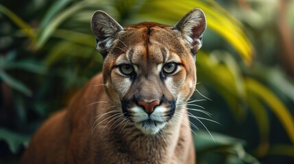 Portrait of Puma in forest. American cougar or mountain lion.
