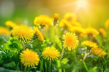 Beautiful flowers of yellow dandelions in nature in spring.