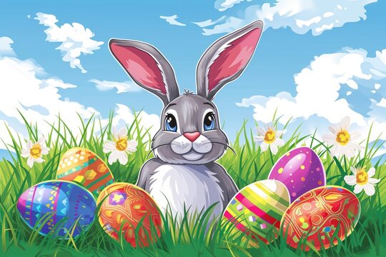Illustration of a cartoon easter bunny sitting in the grass with decorated easter eggs