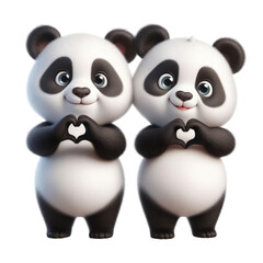 Two Pandas making hand heart isolated on transparent background.