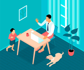 Isometric teleworking composition illustration with a man working from home