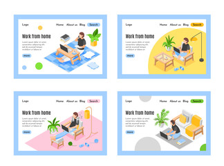 Fototapeta na wymiar Work from home landing pages in isometric view
