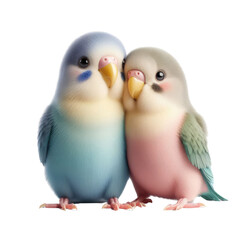 Two budgerigars couple in love isolated on transparent background.