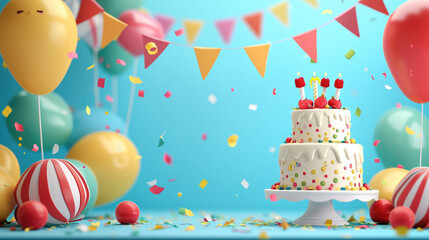 Beautiful birthday cake with burning candles on the background of a festive table with balloons and flashcards, 3D Renderer